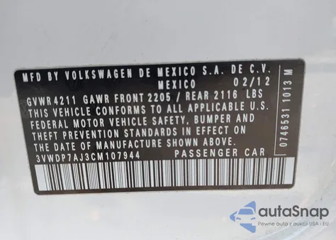2012 Volkswagen Jetta 2.5L Se from USA, damaged, VIN 3VWDP7AJ3CM107944